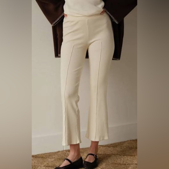 DONNI. The Rib Kick Flare Ribbed Pintuck High Rise Pants in Creme Size Medium - Picture 3 of 8